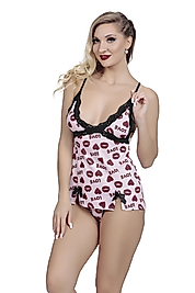 "Love" Desenli Siyah Dantel Biye Detaylı Gecelik