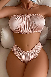 Pudra Pembesi Saten Fırfırlı Bandeau Takım