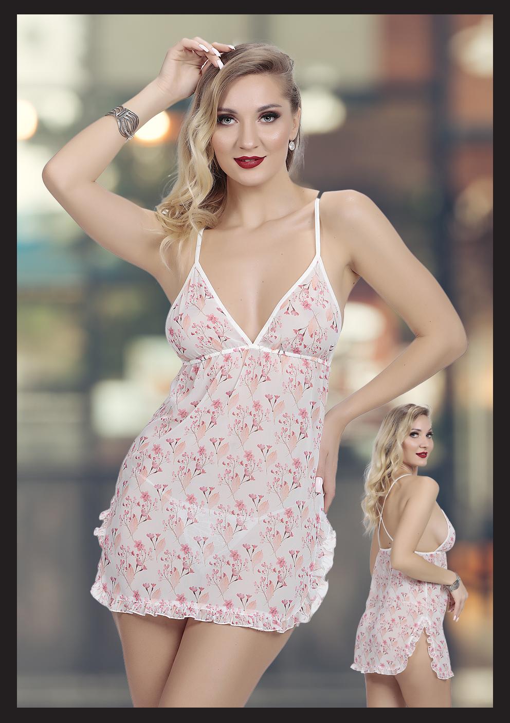 Soft Floral Fırfır Detaylı Transparan Gecelik