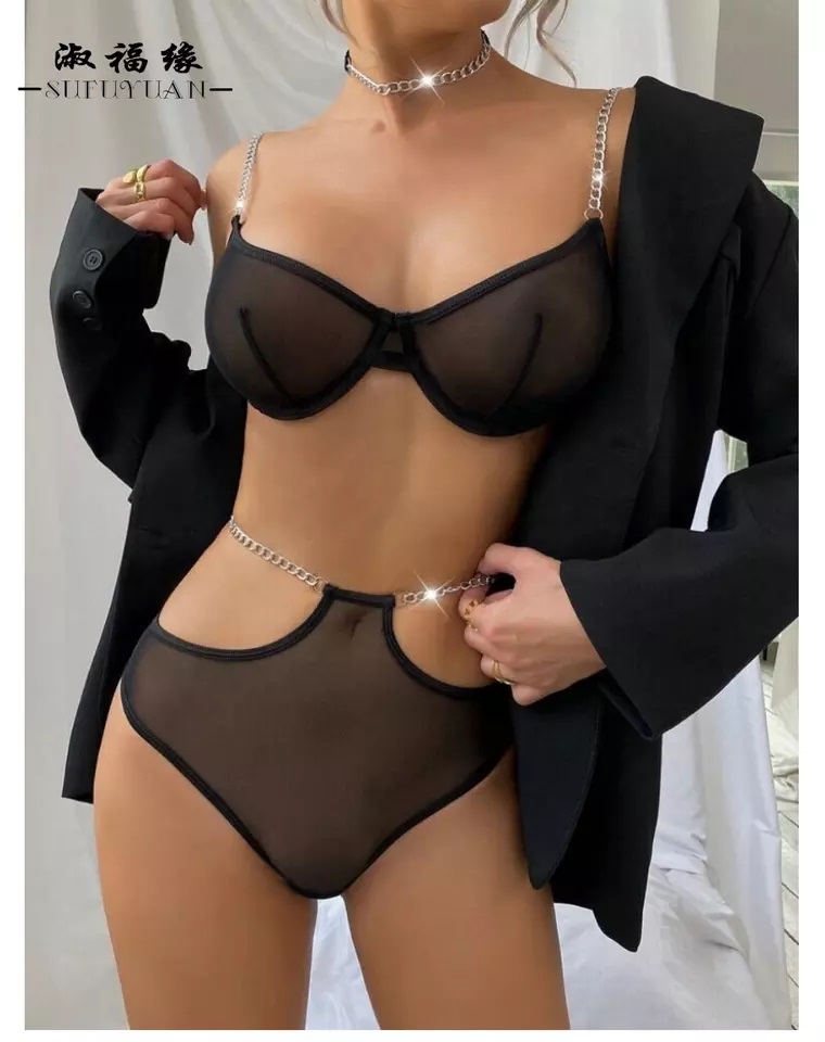 Gümüş Zincir Detaylı Transparan Sütyen Takımı