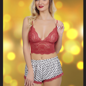 Kırmızı Dantel Bralet ve Puantiyeli Şort Takımı